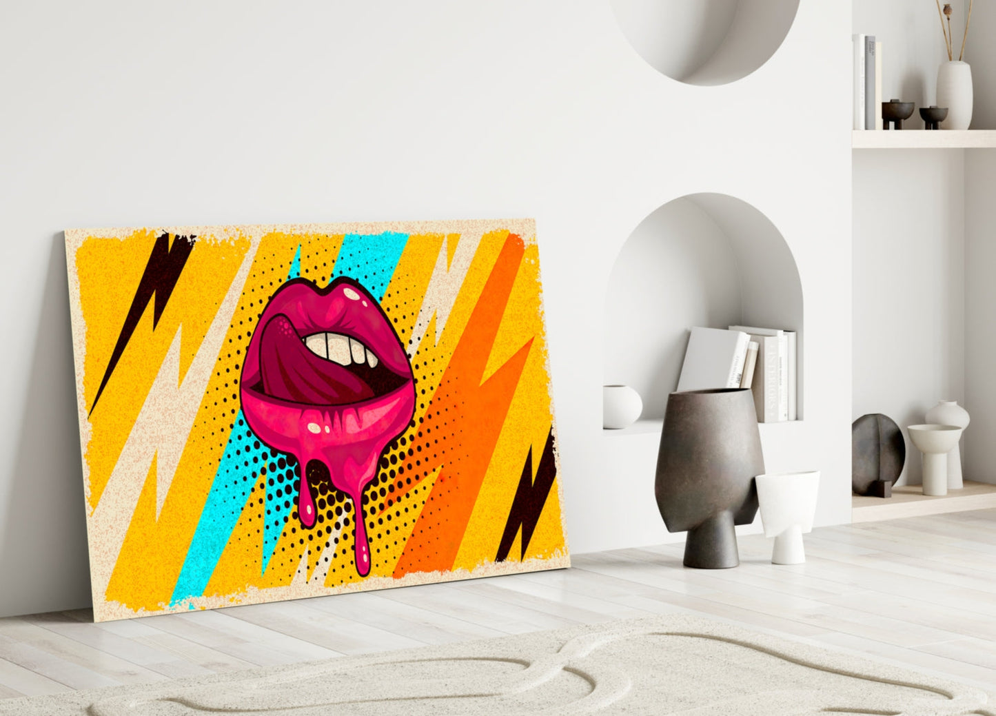 Pop Art Dripping Lips With Lightning Bolts Glass Wall Art