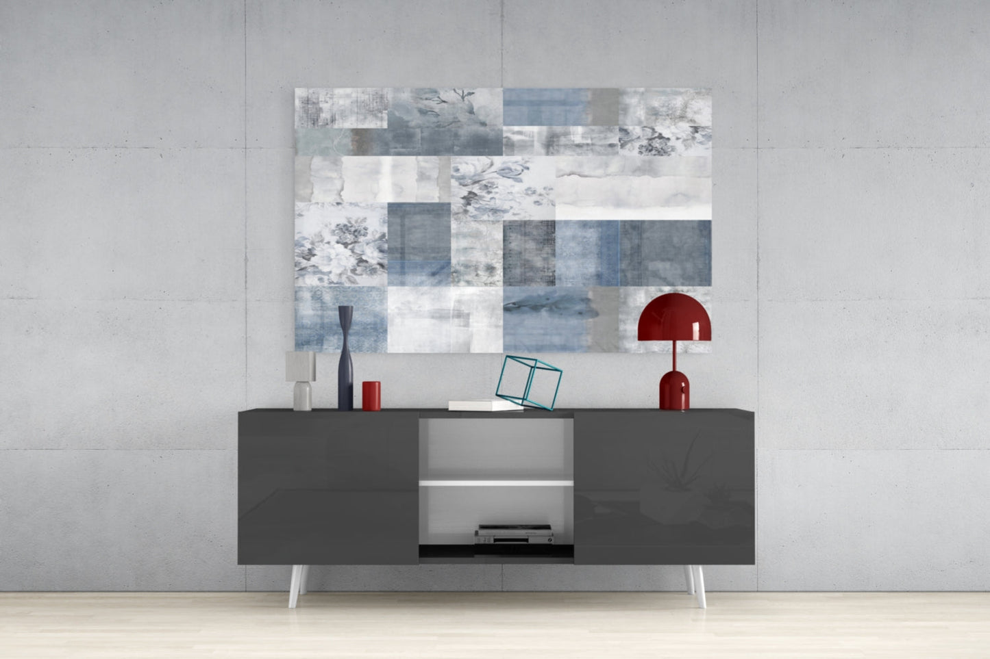 Blue Geometric Patchwork Glass Wall Art
