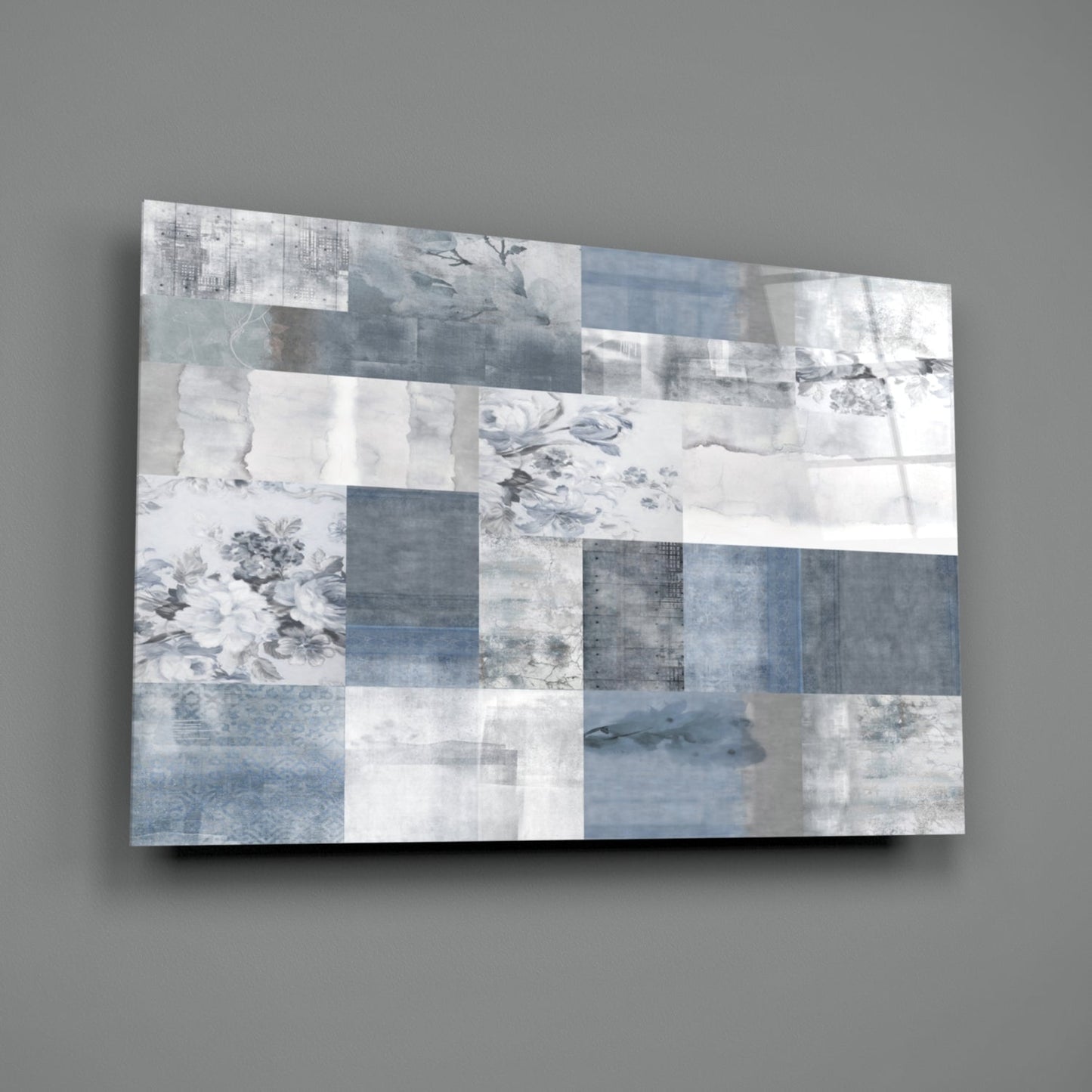 Blue Geometric Patchwork Glass Wall Art