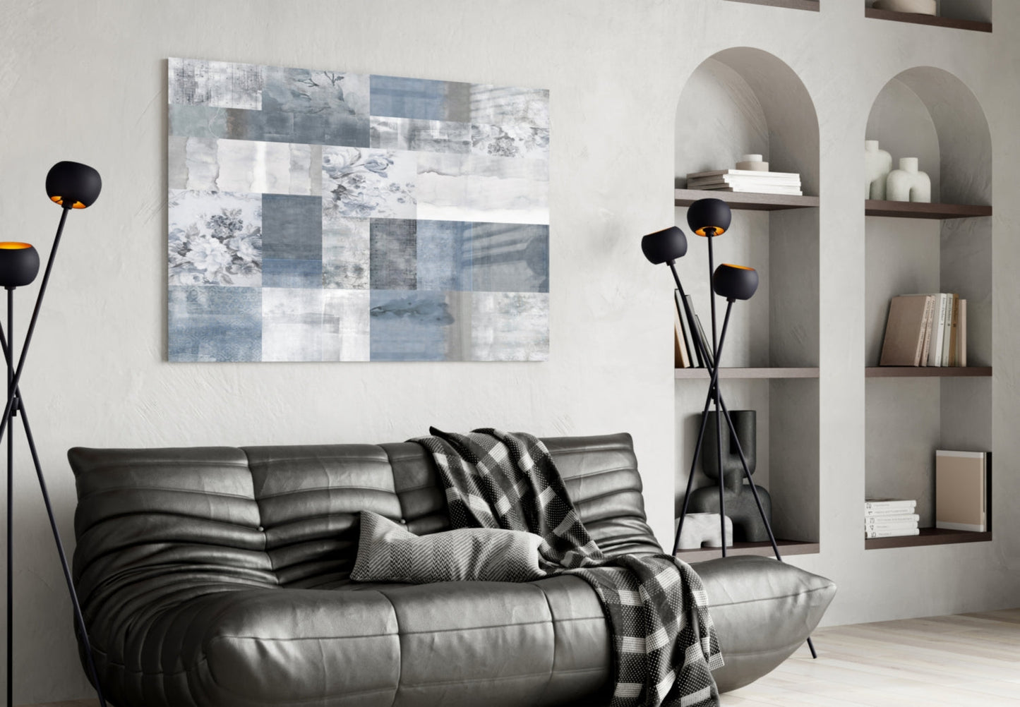 Blue Geometric Patchwork Glass Wall Art