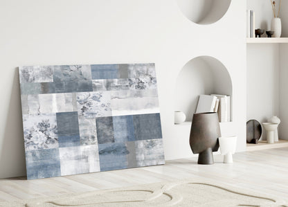 Blue Geometric Patchwork Glass Wall Art