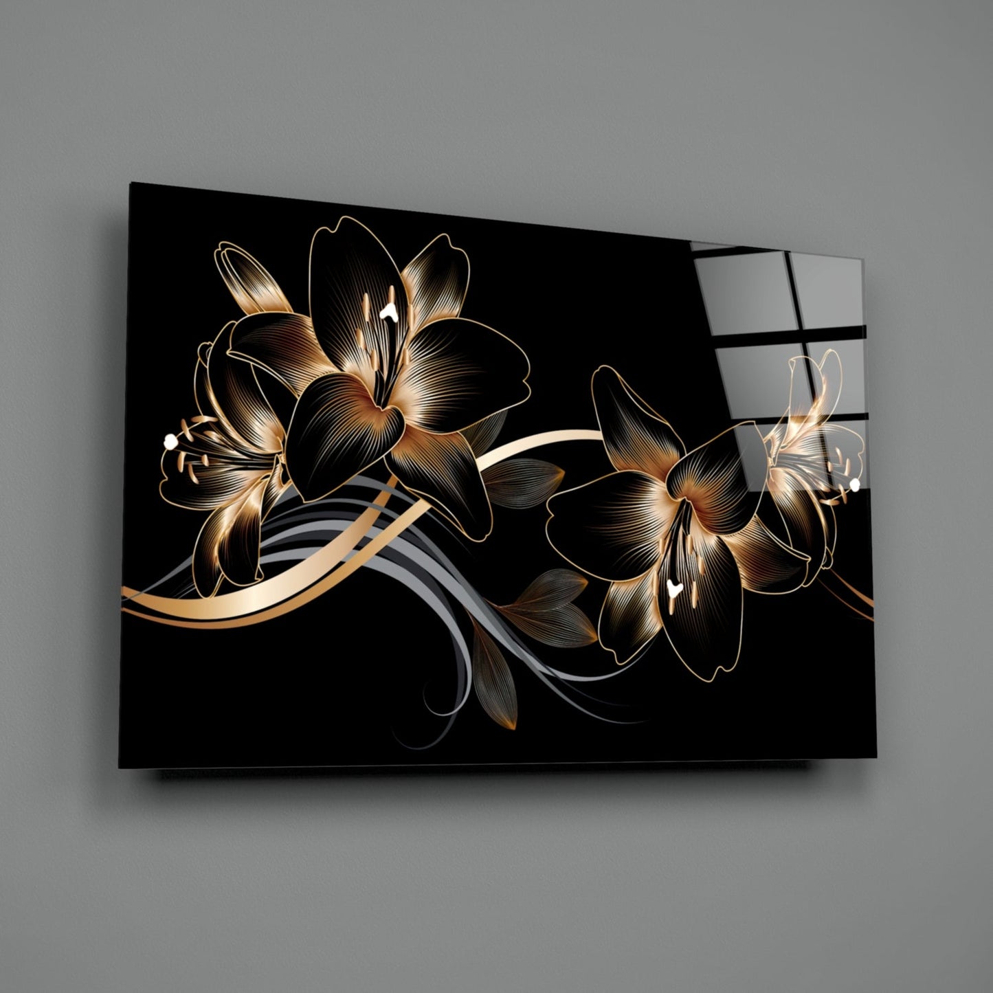 Golden Black Lily Elegance Glass Wall Art