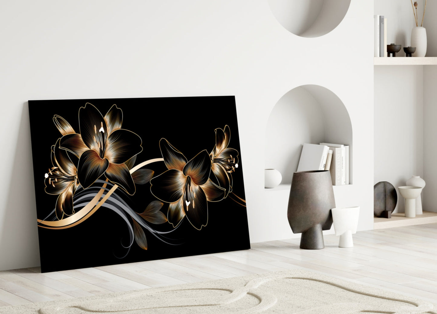 Golden Black Lily Elegance Glass Wall Art