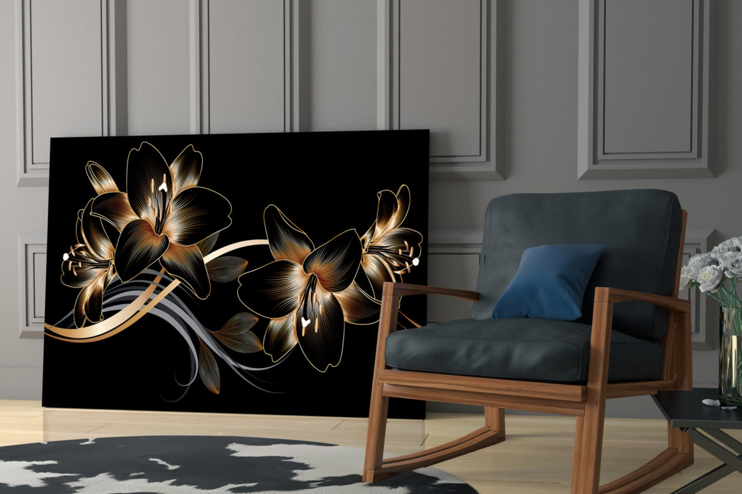 Golden Black Lily Elegance Glass Wall Art