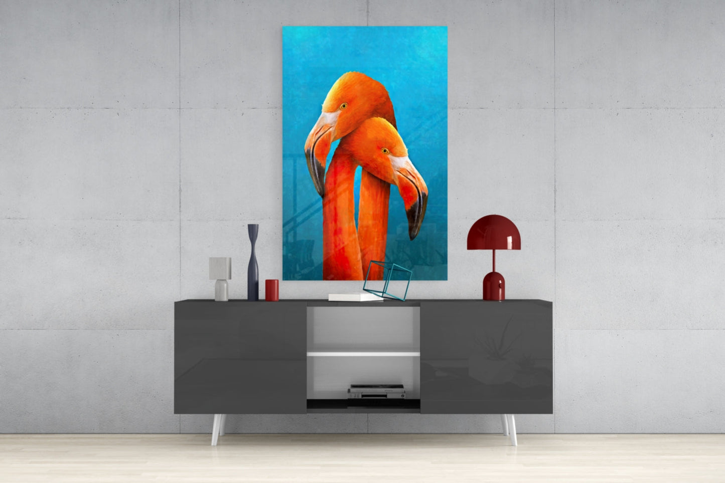 Turquoise Backdrop Orange Flamingo Pair Glass Wall Art
