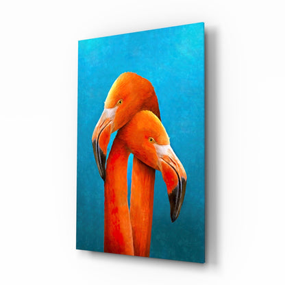 Turquoise Backdrop Orange Flamingo Pair Glass Wall Art