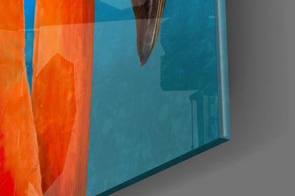 Turquoise Backdrop Orange Flamingo Pair Glass Wall Art