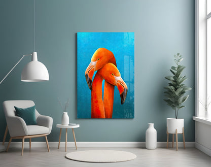Turquoise Backdrop Orange Flamingo Pair Glass Wall Art