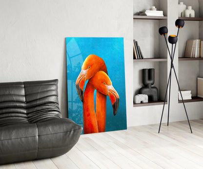 Turquoise Backdrop Orange Flamingo Pair Glass Wall Art