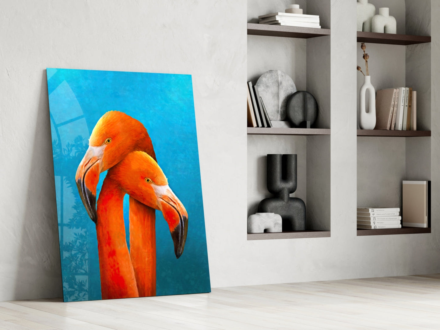 Turquoise Backdrop Orange Flamingo Pair Glass Wall Art