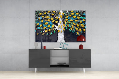 Teal And Gold Leaves White Trunk Tree of Life Glass Wall Art