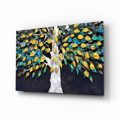 Teal And Gold Leaves White Trunk Tree of Life Glass Wall Art