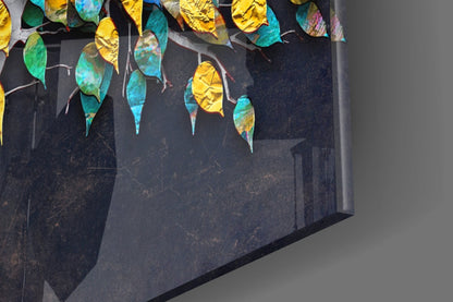 Teal And Gold Leaves White Trunk Tree of Life Glass Wall Art