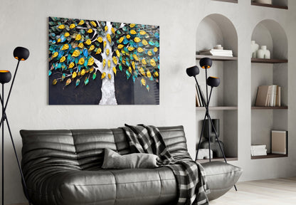 Teal And Gold Leaves White Trunk Tree of Life Glass Wall Art