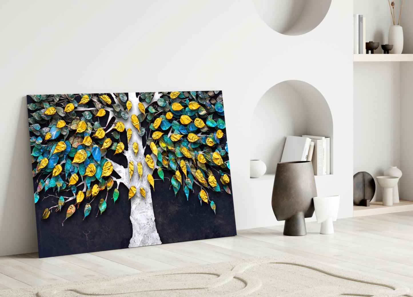 Teal And Gold Leaves White Trunk Tree of Life Glass Wall Art