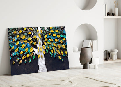 Teal And Gold Leaves White Trunk Tree of Life Glass Wall Art