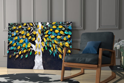 Teal And Gold Leaves White Trunk Tree of Life Glass Wall Art