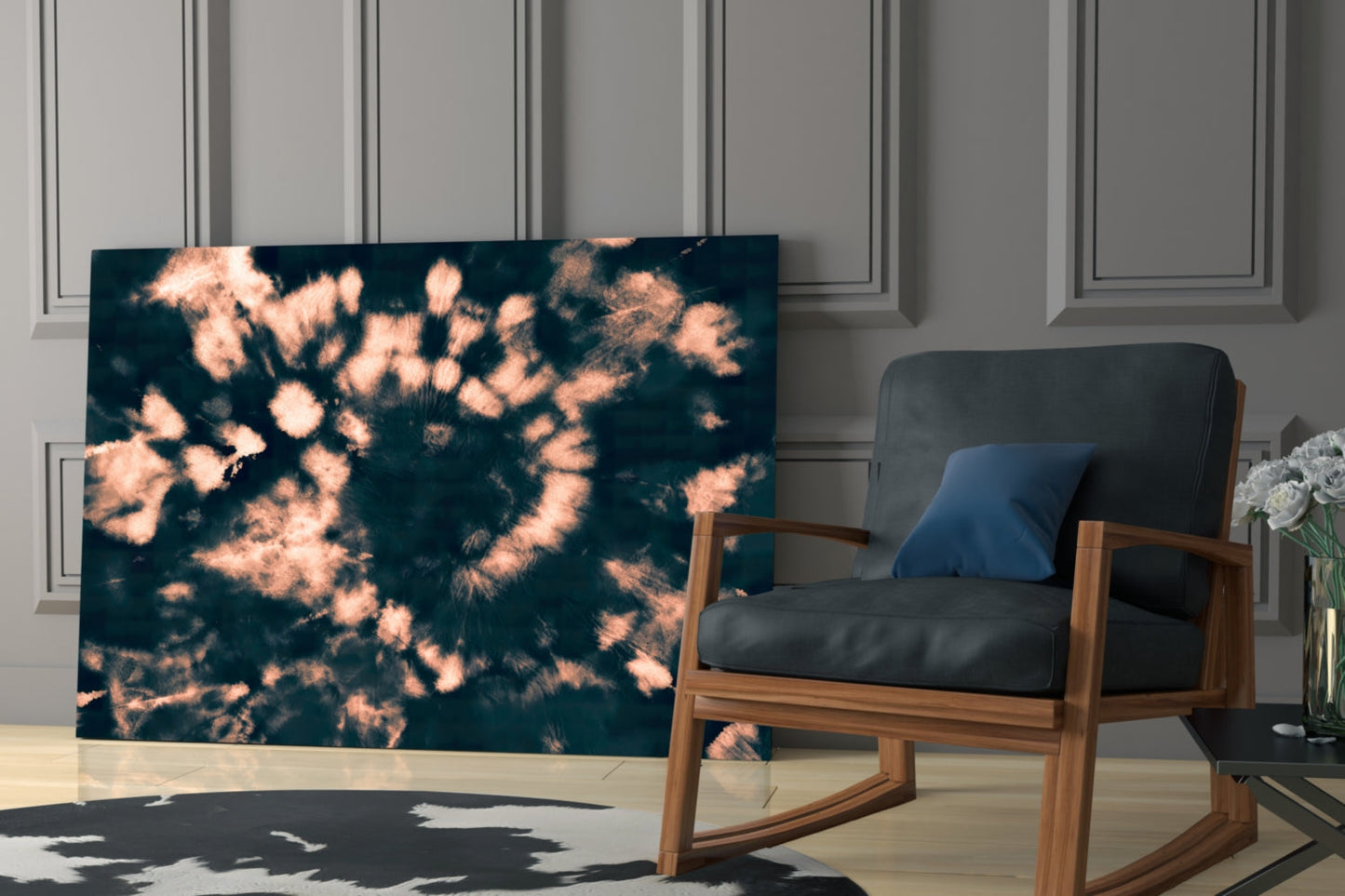 Peach Dandelion Spiral Navy Glass Wall Art