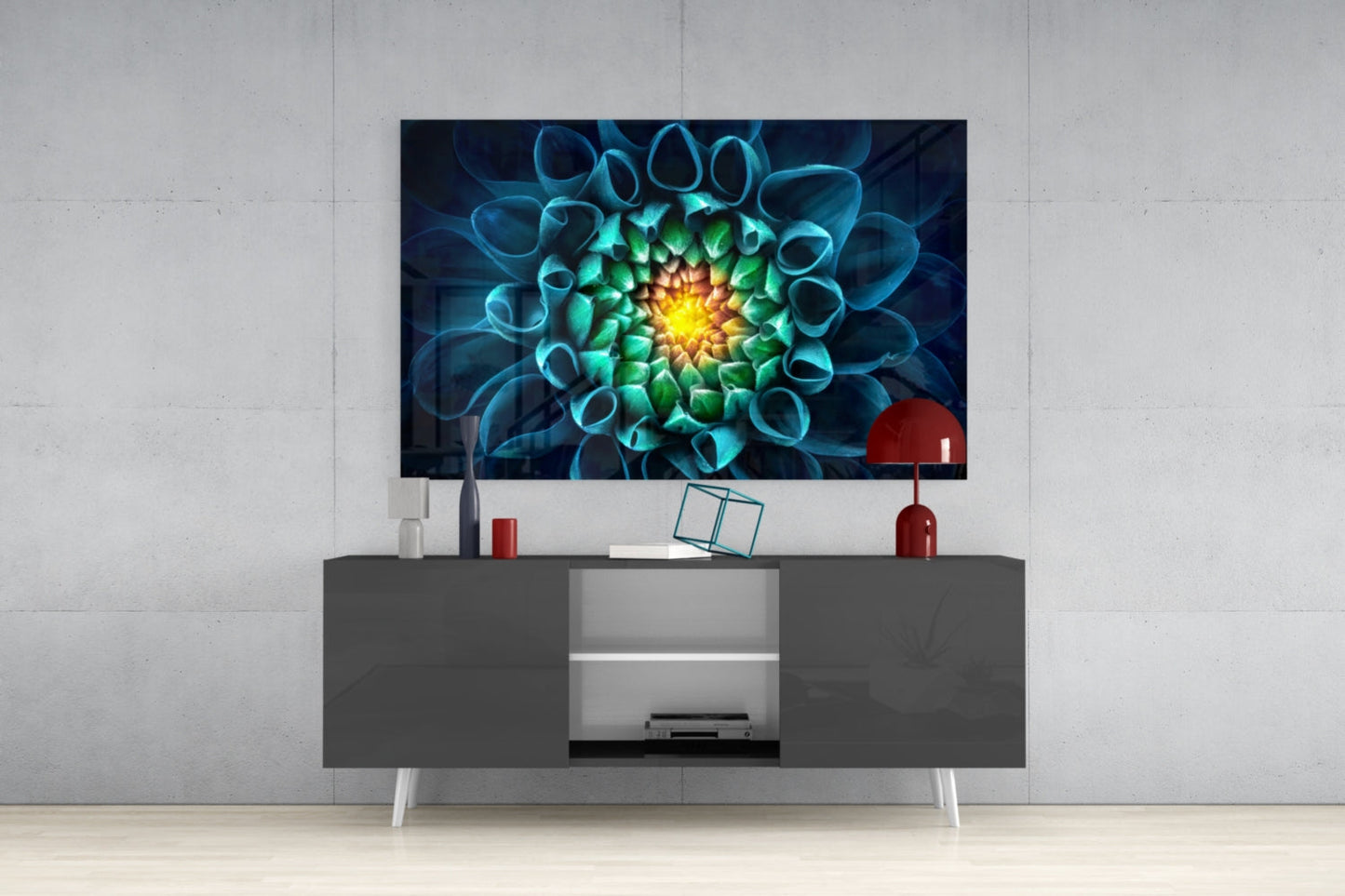 Glowing Teal Dahlia Glass Wall Art