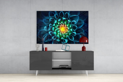 Glowing Teal Dahlia Glass Wall Art