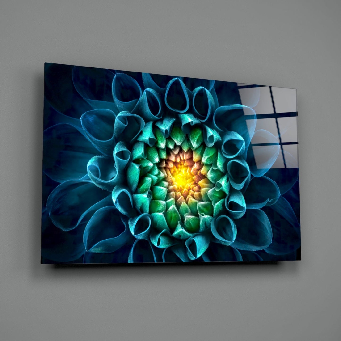 Glowing Teal Dahlia Glass Wall Art