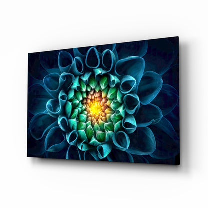 Glowing Teal Dahlia Glass Wall Art