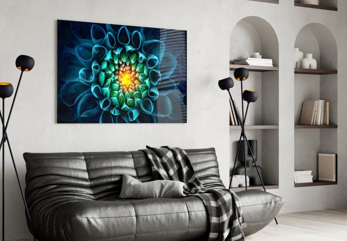 Glowing Teal Dahlia Glass Wall Art