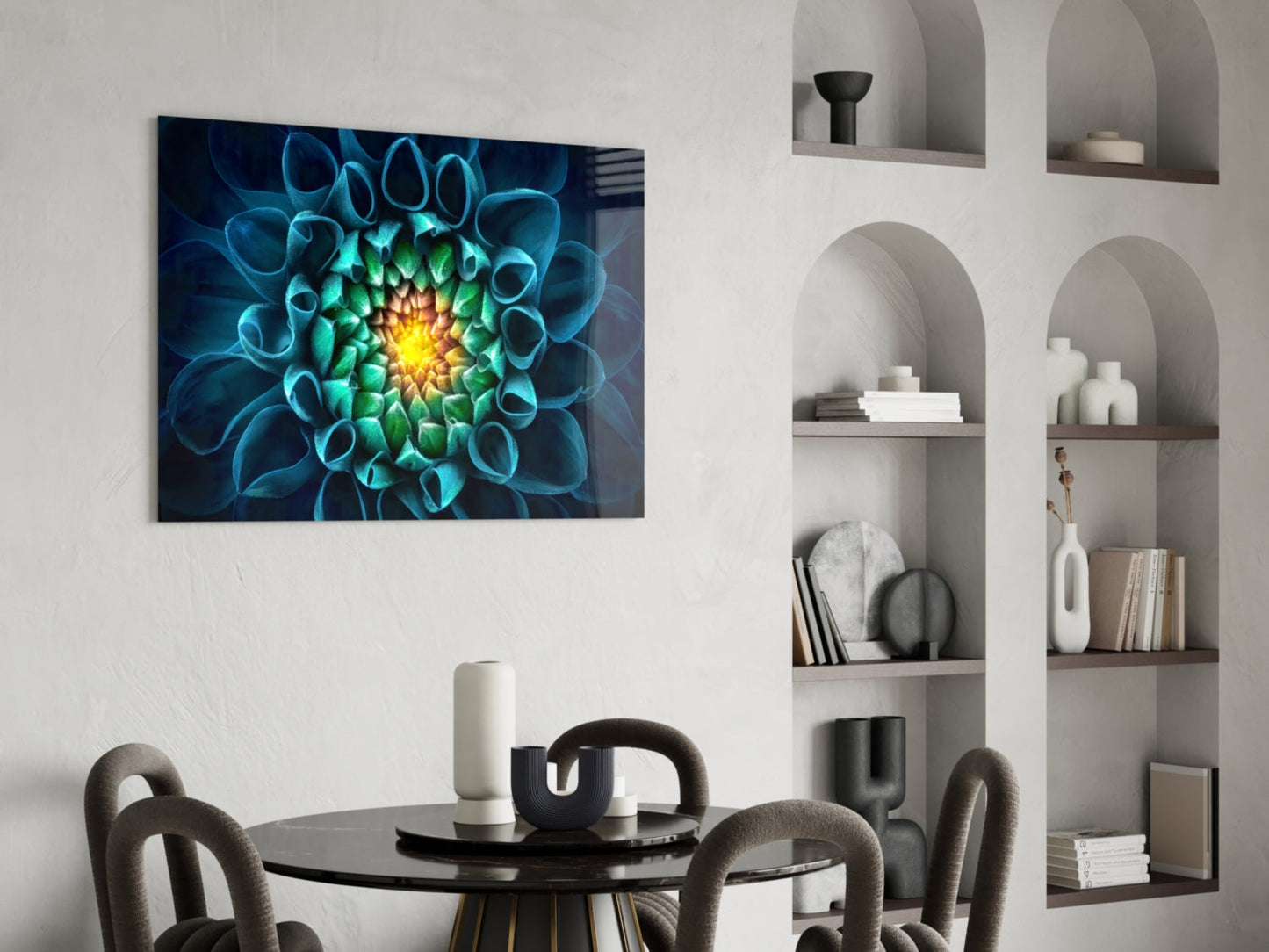 Glowing Teal Dahlia Glass Wall Art