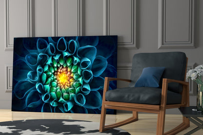Glowing Teal Dahlia Glass Wall Art