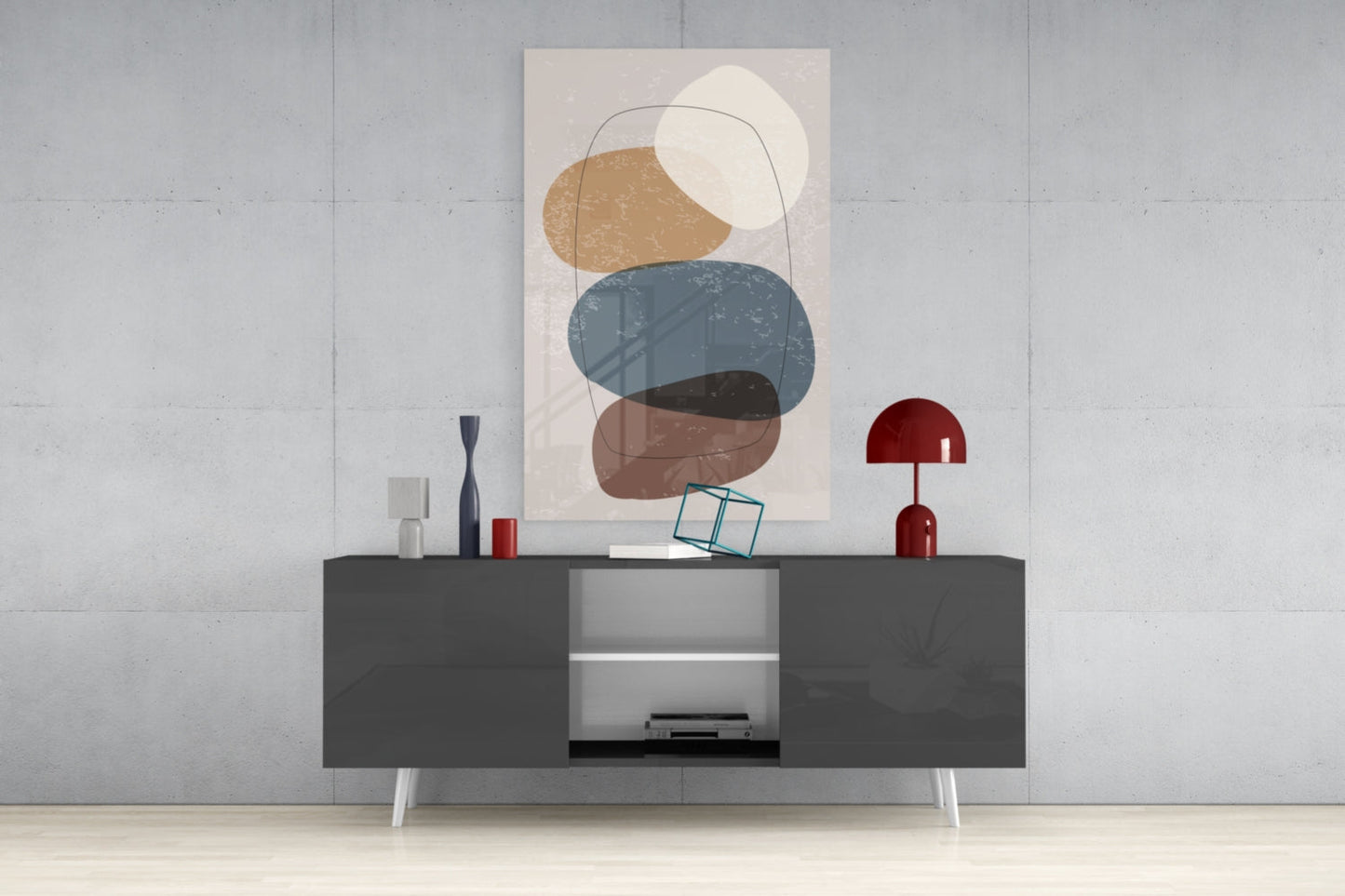 Stacked Pebbles Blue Tan Outline Glass Wall Art