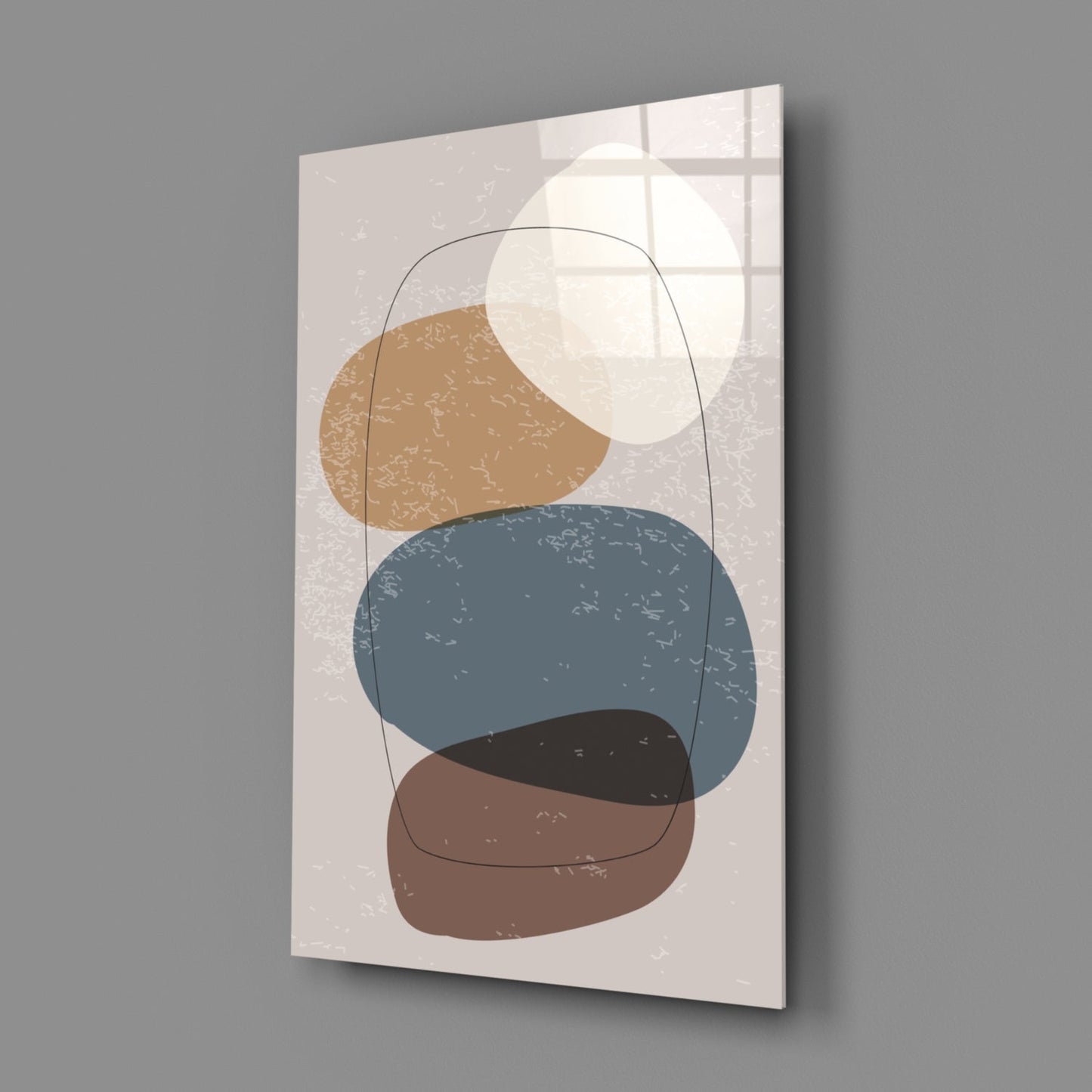 Stacked Pebbles Blue Tan Outline Glass Wall Art