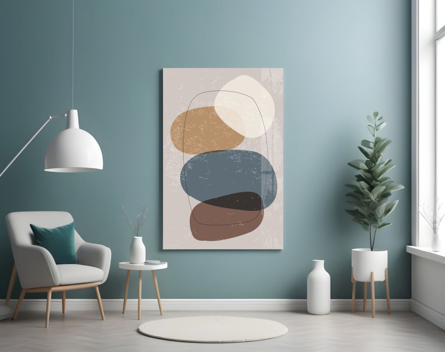 Stacked Pebbles Blue Tan Outline Glass Wall Art