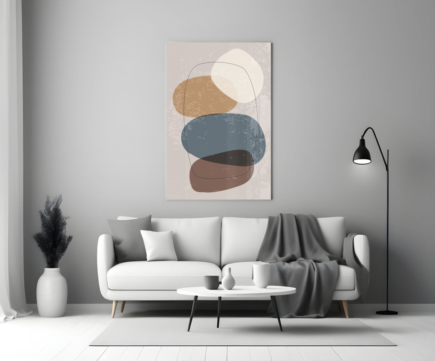 Stacked Pebbles Blue Tan Outline Glass Wall Art