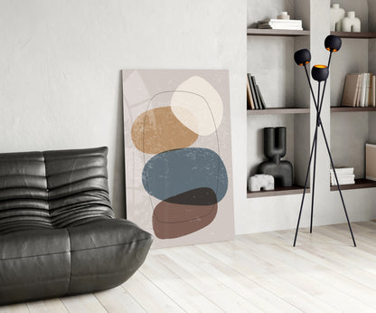 Stacked Pebbles Blue Tan Outline Glass Wall Art