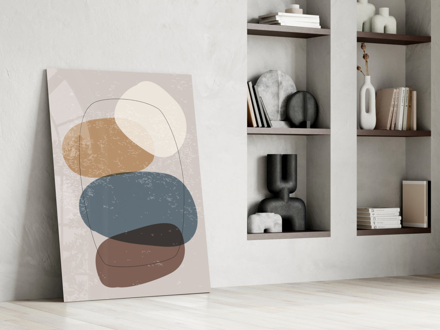 Stacked Pebbles Blue Tan Outline Glass Wall Art