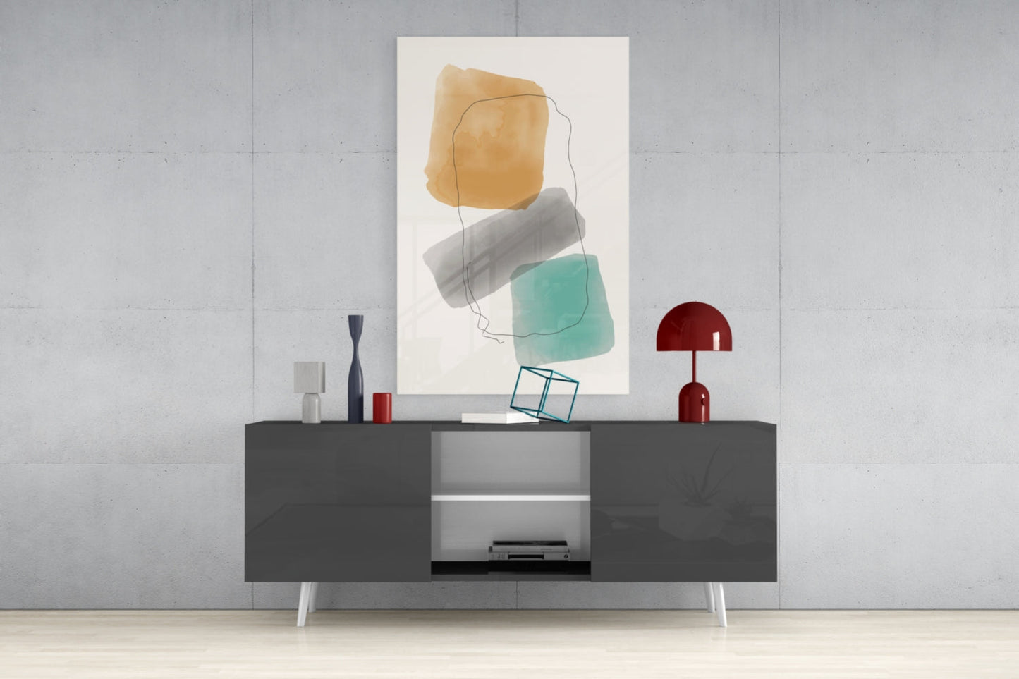 Ochre Grey Teal Watercolor Blocks Glass Wall Art
