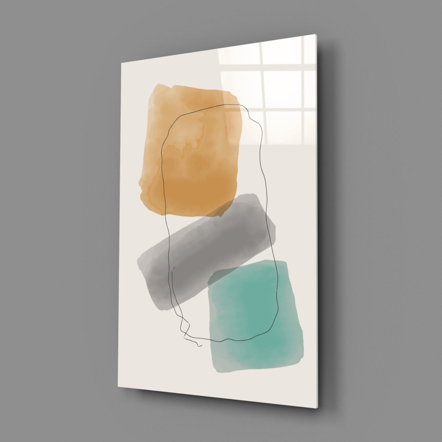 Ochre Grey Teal Watercolor Blocks Glass Wall Art