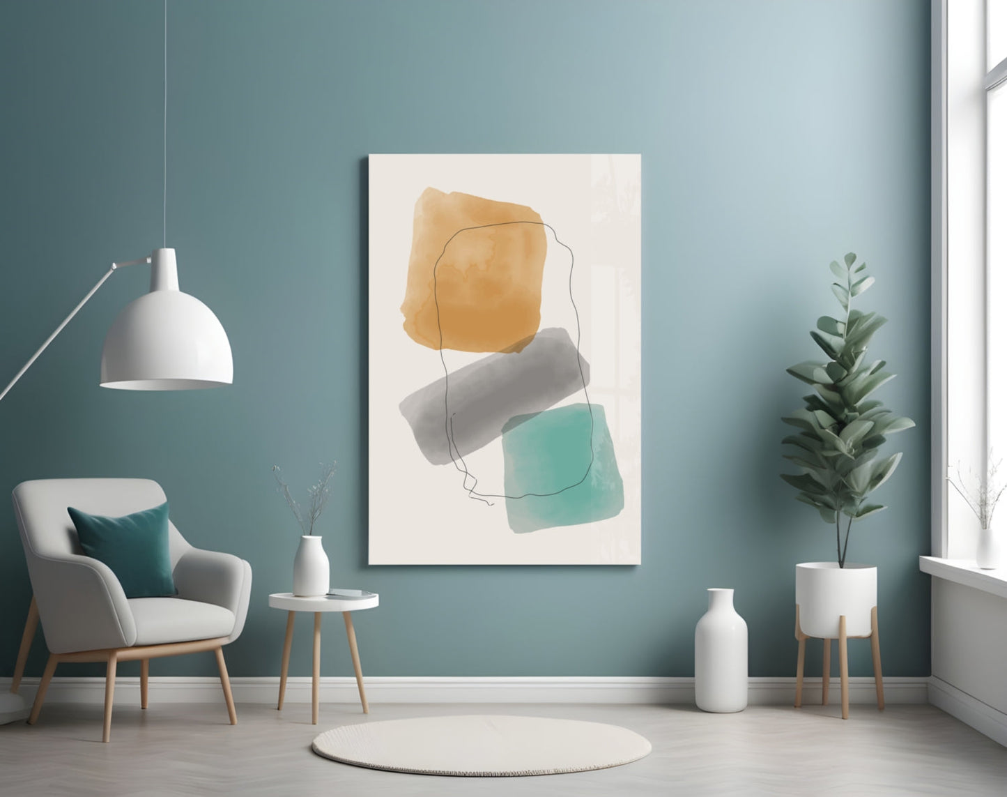 Ochre Grey Teal Watercolor Blocks Glass Wall Art