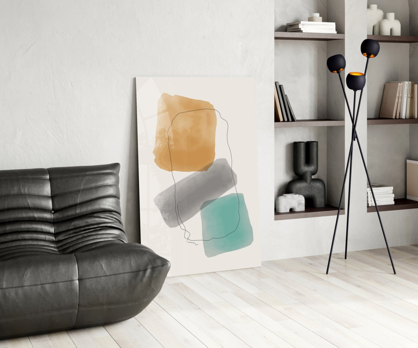 Ochre Grey Teal Watercolor Blocks Glass Wall Art