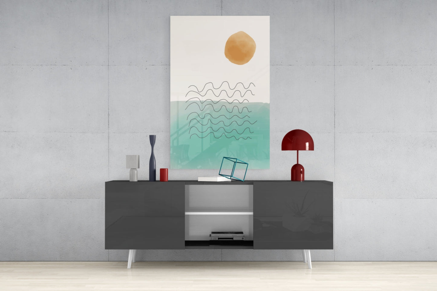 Ochre Sun Teal Ocean Waves Glass Wall Art