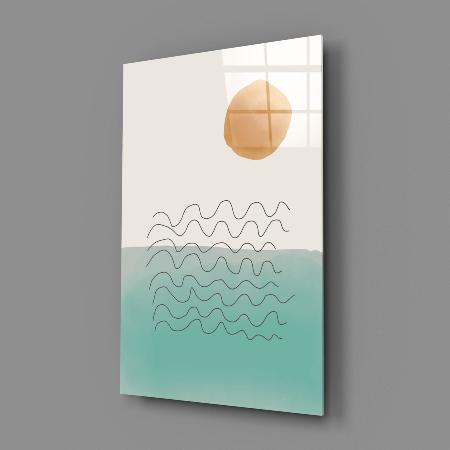 Ochre Sun Teal Ocean Waves Glass Wall Art