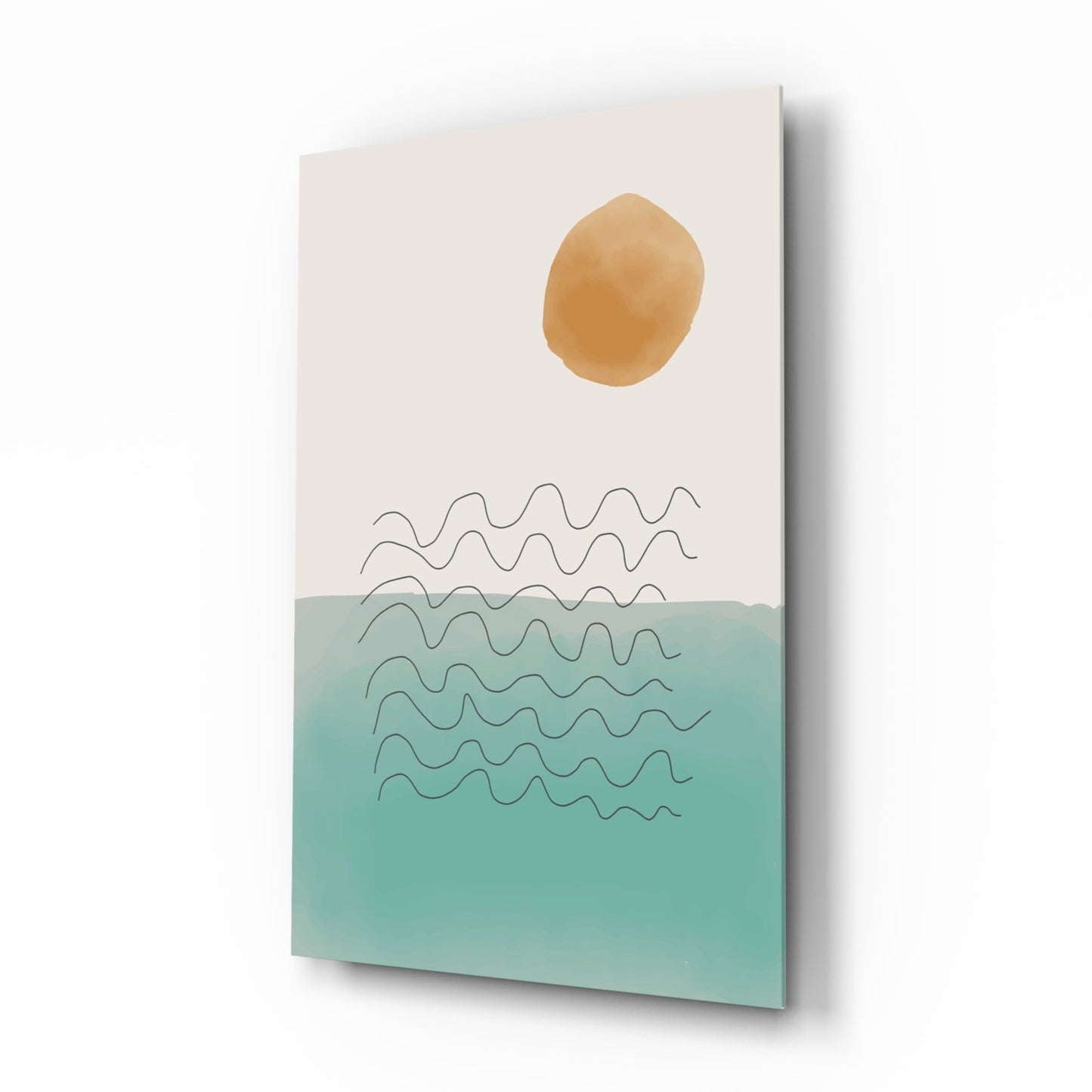 Ochre Sun Teal Ocean Waves Glass Wall Art
