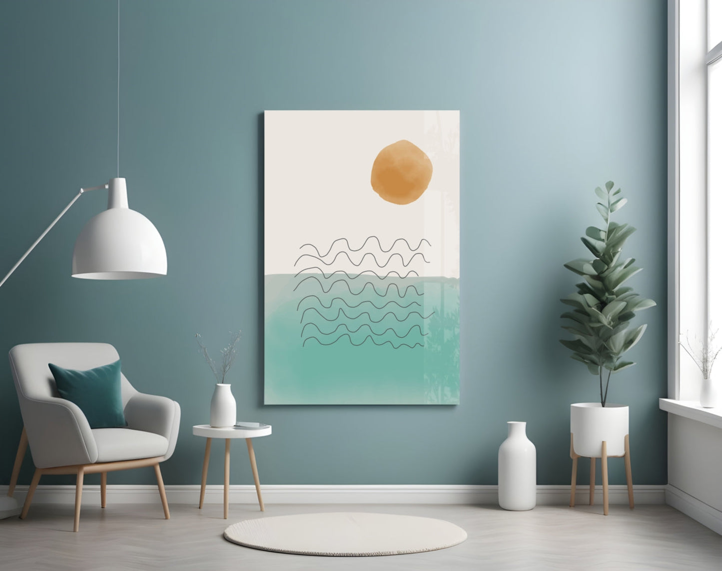 Ochre Sun Teal Ocean Waves Glass Wall Art