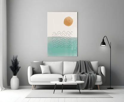Ochre Sun Teal Ocean Waves Glass Wall Art