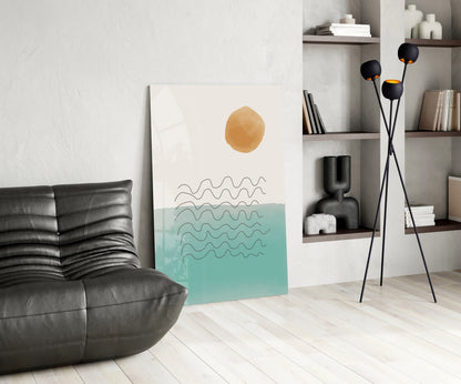 Ochre Sun Teal Ocean Waves Glass Wall Art
