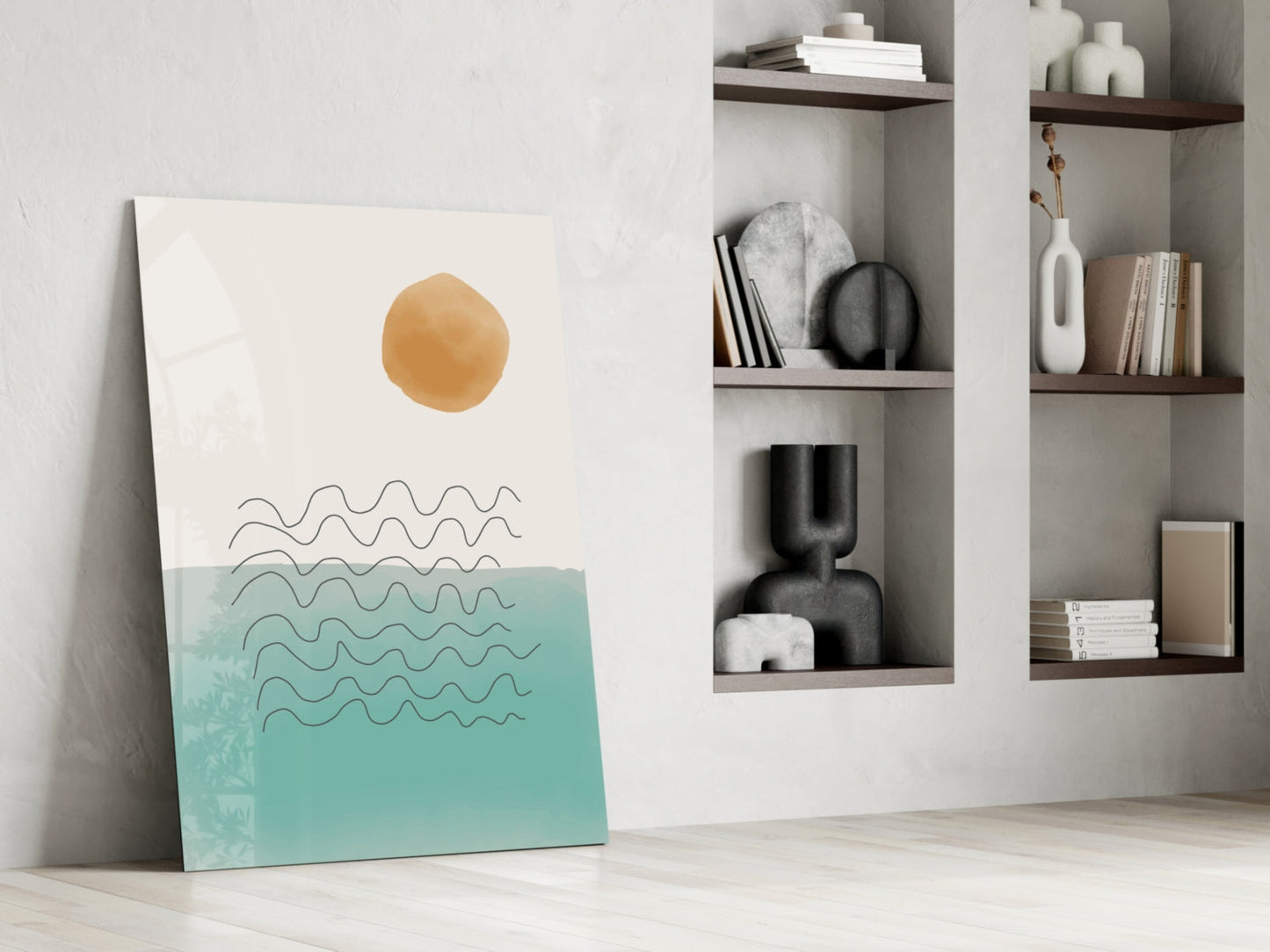 Ochre Sun Teal Ocean Waves Glass Wall Art