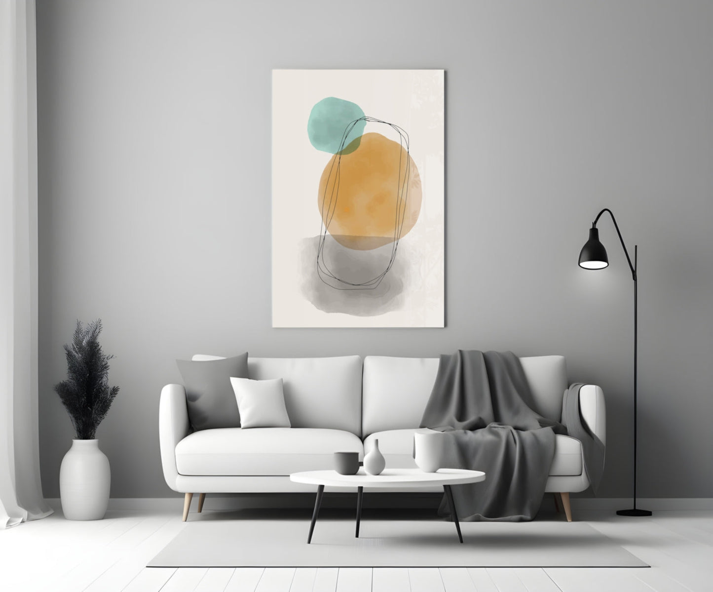 Teal Ochre Circles Line Loop Glass Wall Art