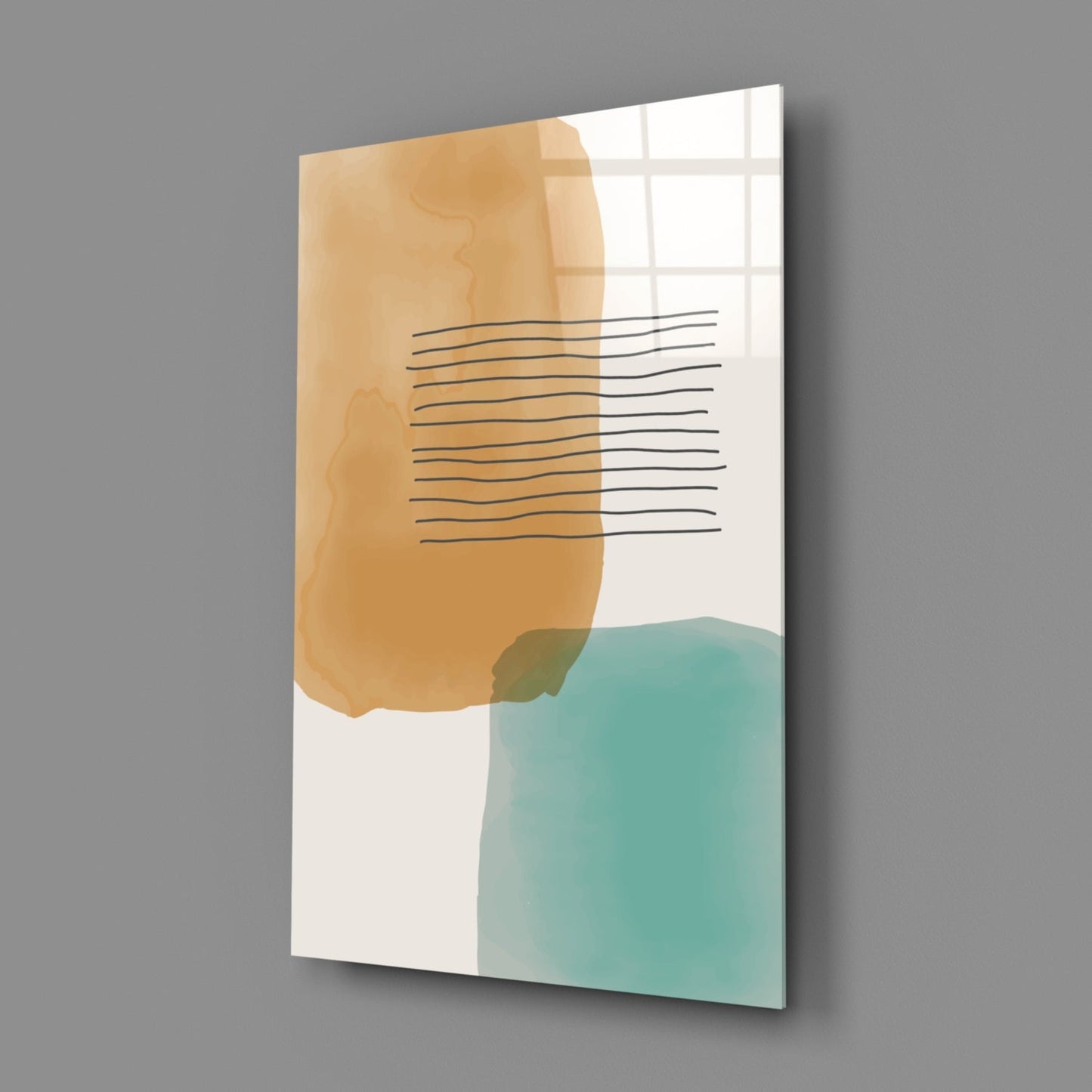 Ochre Teal Blocks Line Stripes Glass Wall Art
