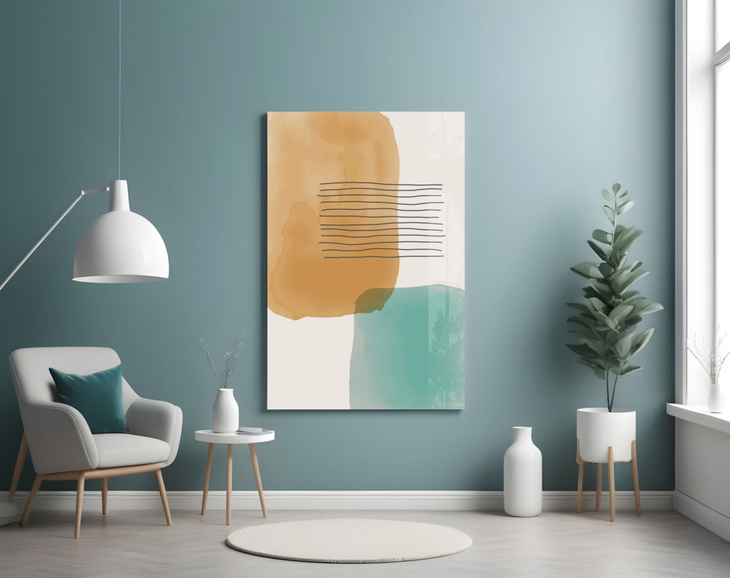 Ochre Teal Blocks Line Stripes Glass Wall Art