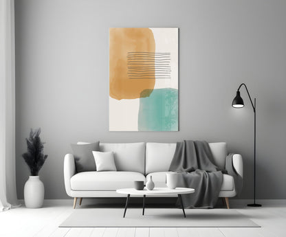Ochre Teal Blocks Line Stripes Glass Wall Art